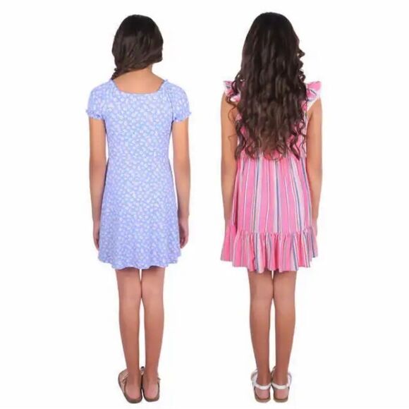 #20 Zunie Youth 2-pack Dress, 1 Pink With Stripes Blue with Flowers Medium 10/12 - Picture 2 of 9